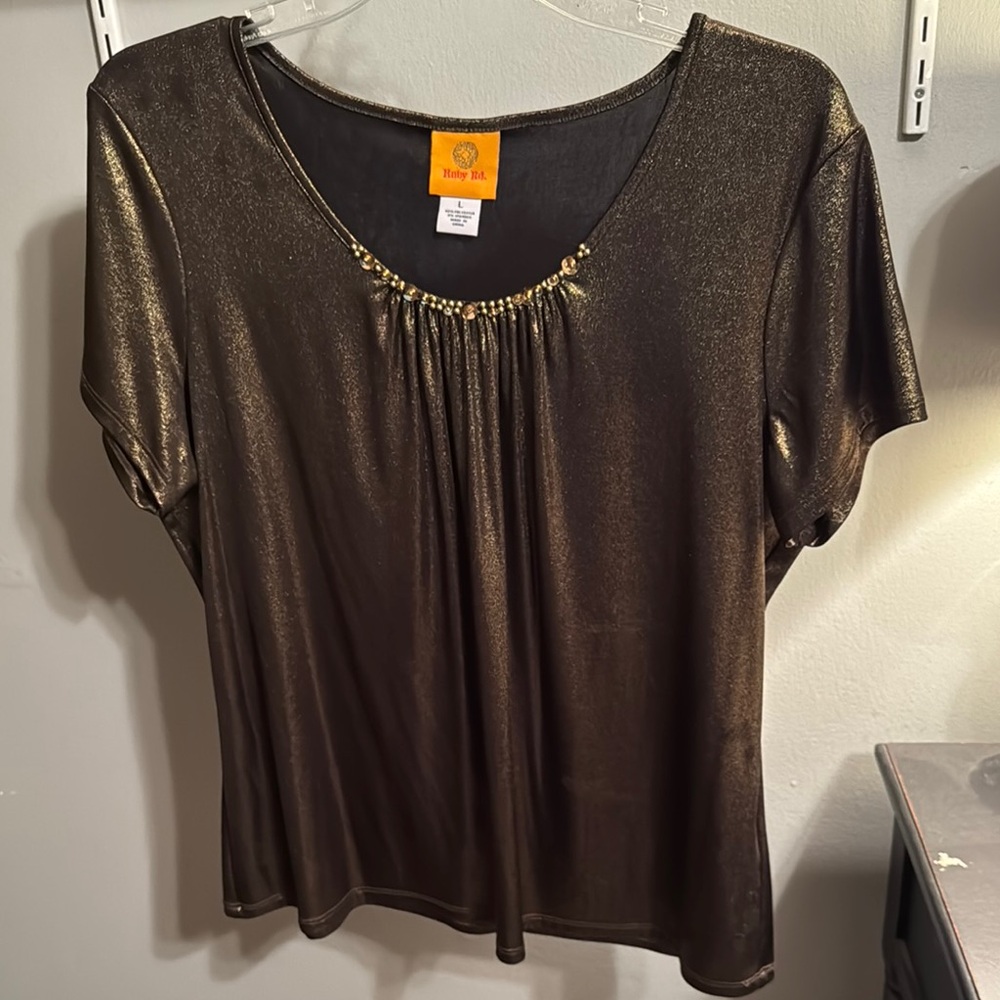 Ruby Rd. Gold Embellished Flutter Sleeve Blouse